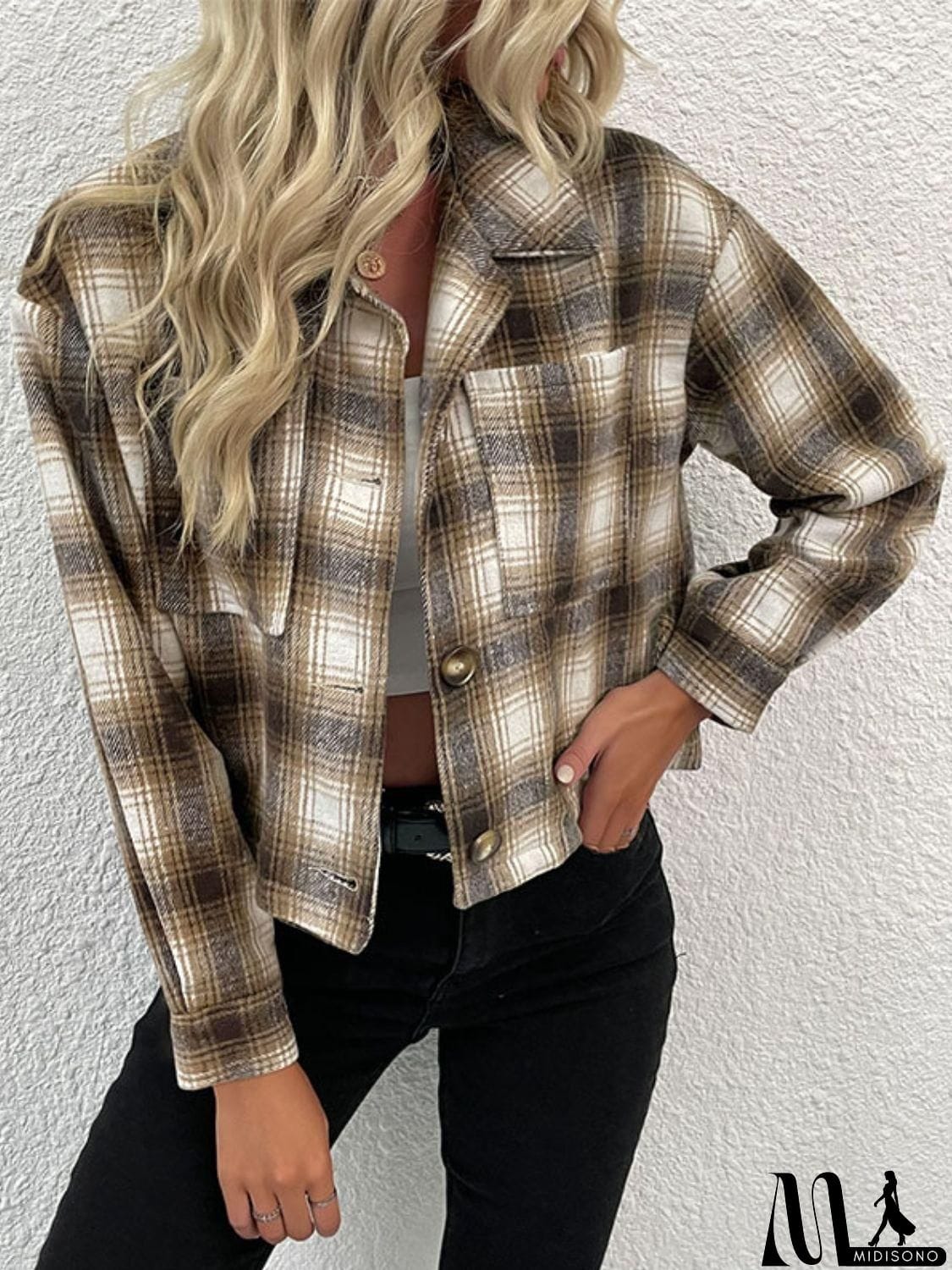 MidiSono - Plaid Button-Up Dropped Shoulder Shacket