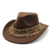 Unisex Fall Vintage Western Cowboy Woolen Tassel Sun Protection Wide Brim Hat by Inlyline