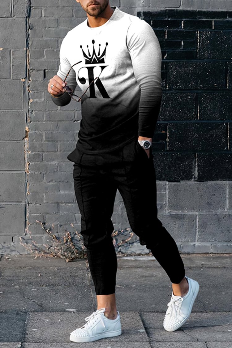 Tiboyz Tiboyz White And Black K Crown T-Shirt And Pants Two Piece Set