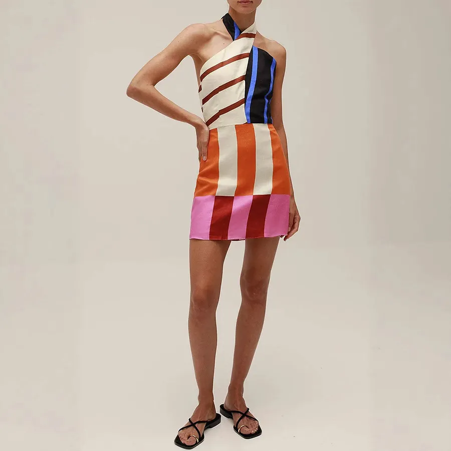 Women's Halter Color Block Striped Mini Dress