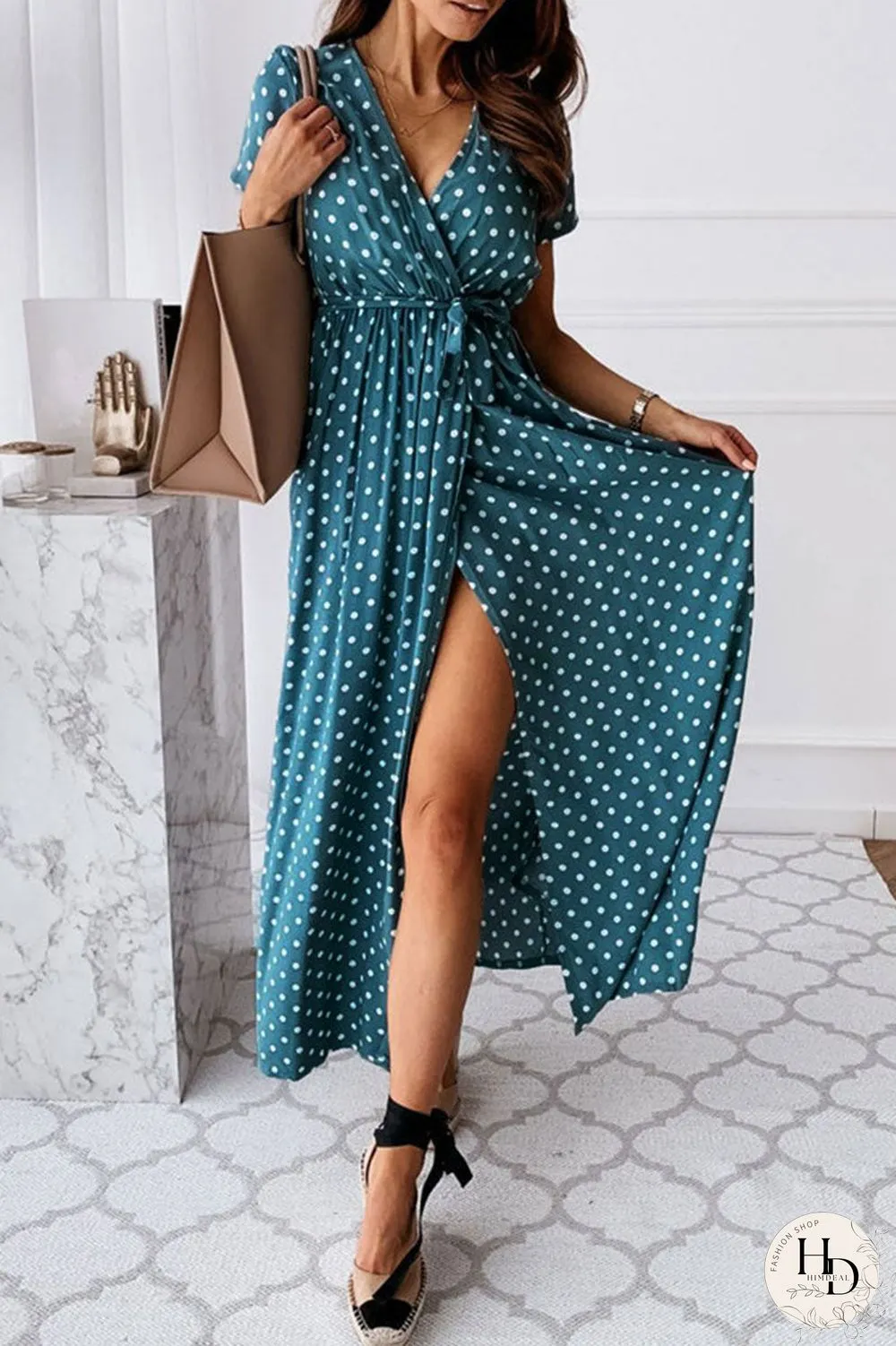 Fashion Sexy Dot Slit V Neck Printed Dresses