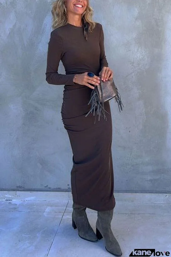 Got Me Smiling Cotton Blend Ruched Long Sleeve Stretch Midi Dress