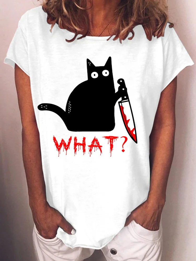 Holding Knife Black Cat What Loose T Shirt