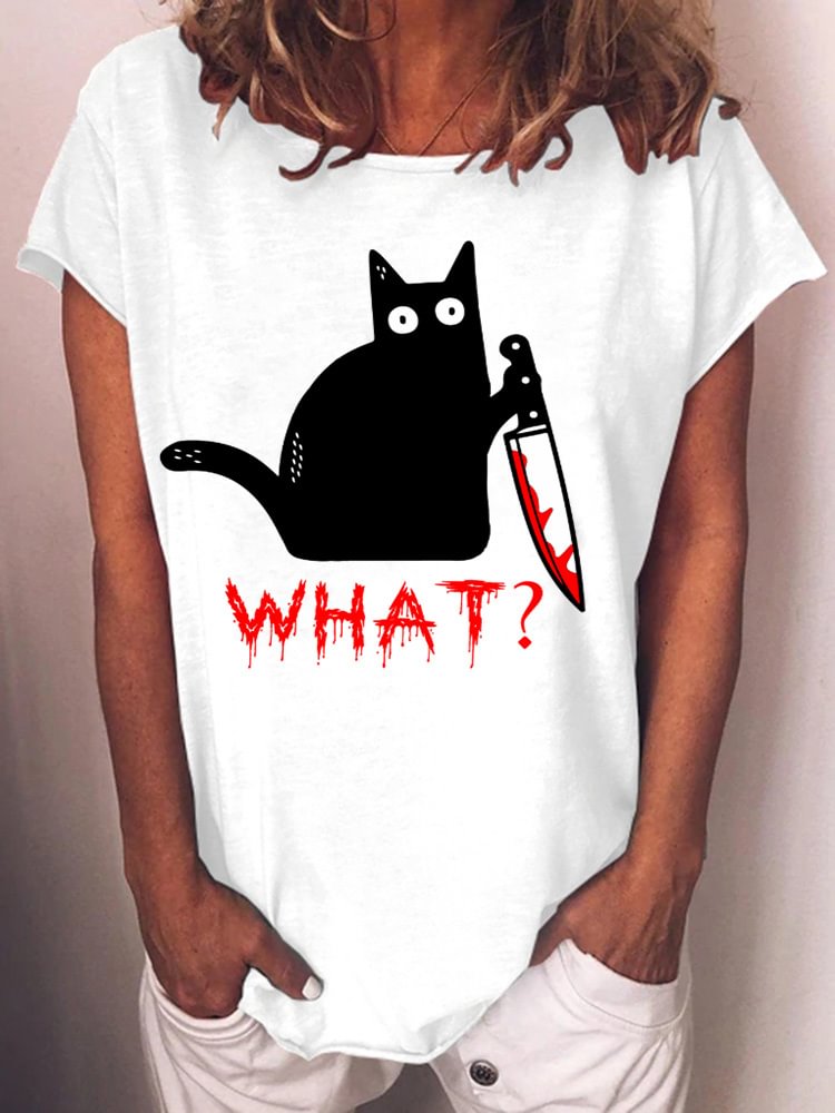 Vefave Holding Knife Black Cat What Loose T Shirt