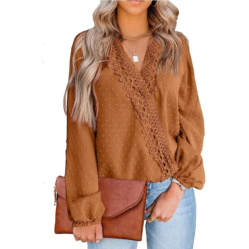 Loose Blouses For Women Fashion Lace Patchwork V Neck Long Sleeve Office Work Shirts Tops Lady Oversized Casual Chiffon Blouse