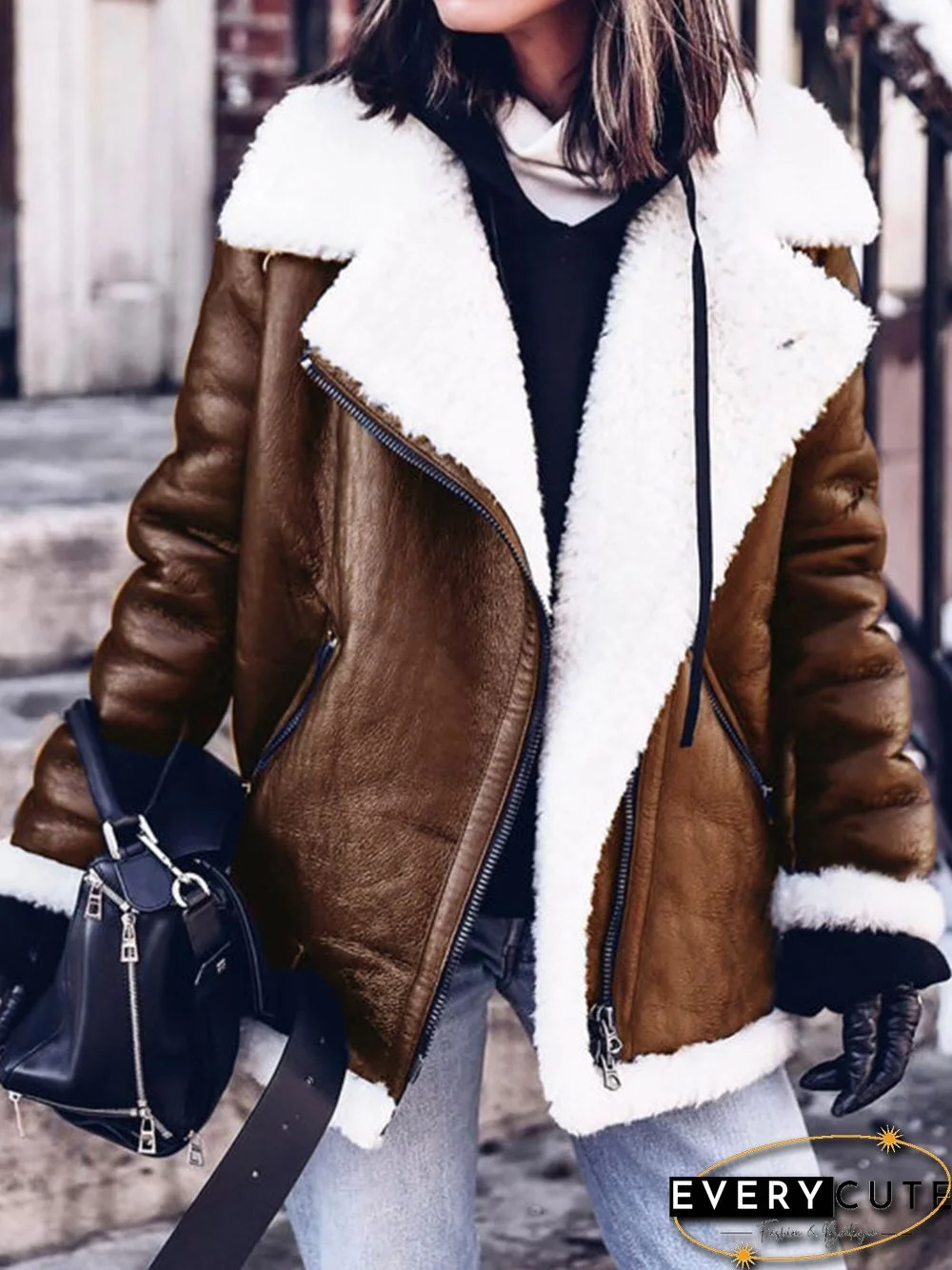 Furry Buckle Lapel Collar Faux Fur Jacket Plus Size Warm Coat Jacket