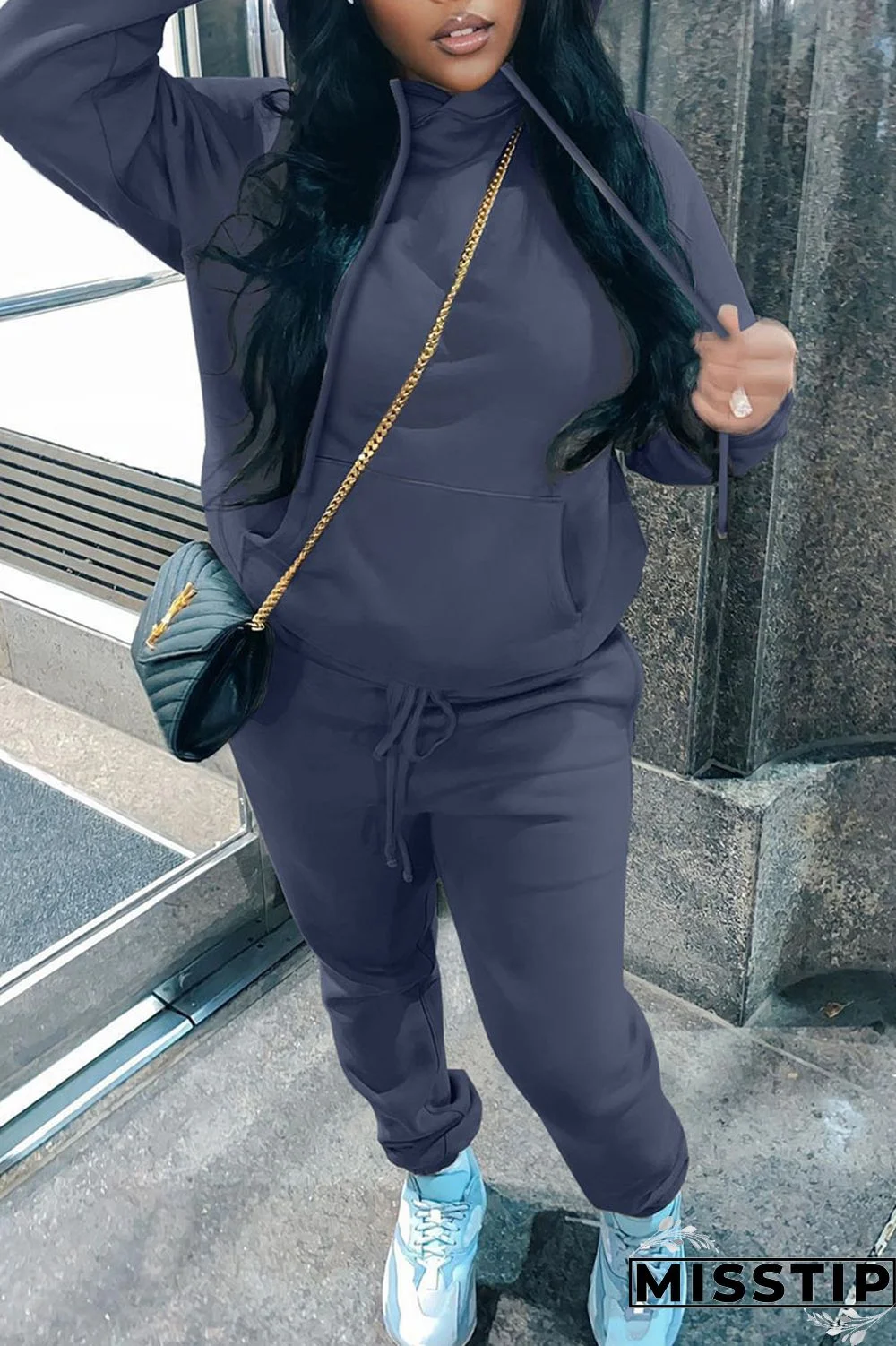 Blue Casual Solid Patchwork Hooded Collar Long Sleeve Two Pieces