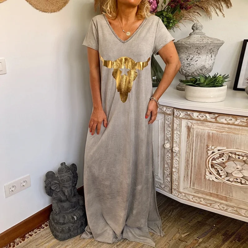 Fashionable Short Sleeve Printed Long Loose Dress