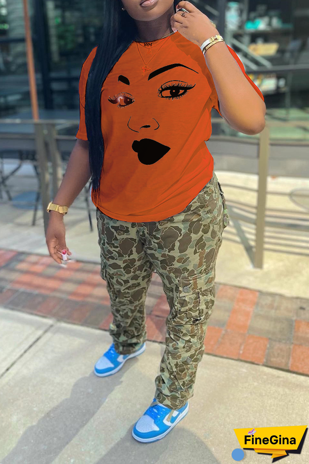 Navy Blue Casual Street Print Patchwork O Neck T-Shirts