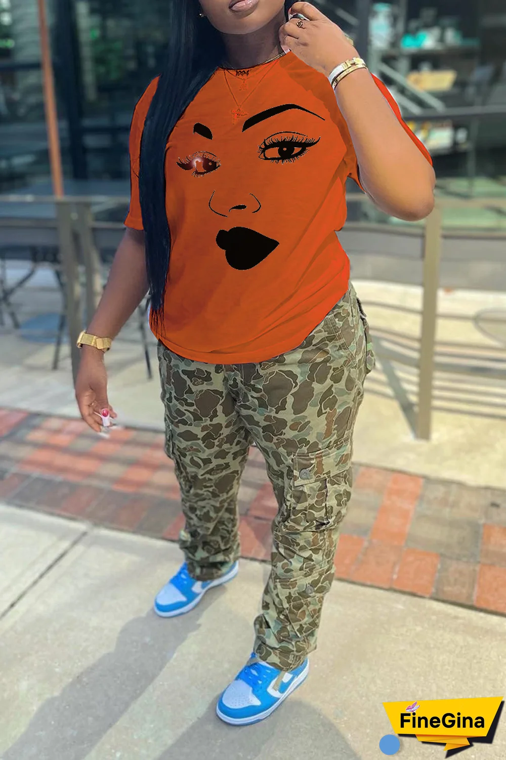 Navy Blue Casual Street Print Patchwork O Neck T-Shirts