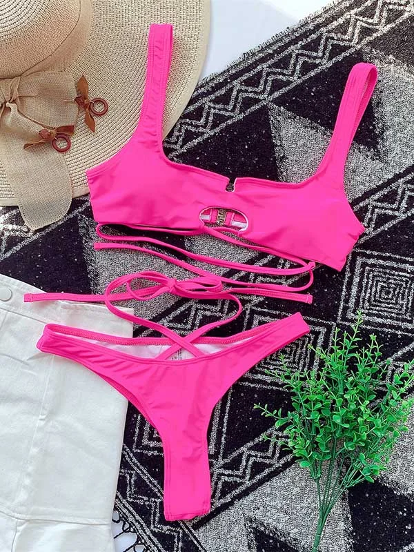 Solid Color Hollow Bandage Split Bikini Swimsuit
