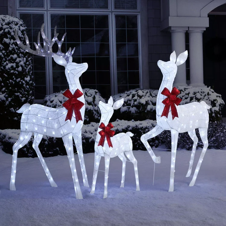 🔥kukelife🔥3-Piece Pre-Lit Iced Twinkling Deer Family - White