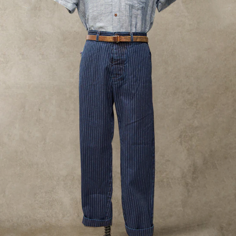 Men's Vintage Navy High Rise Plain Stripe Straight Leg Pants