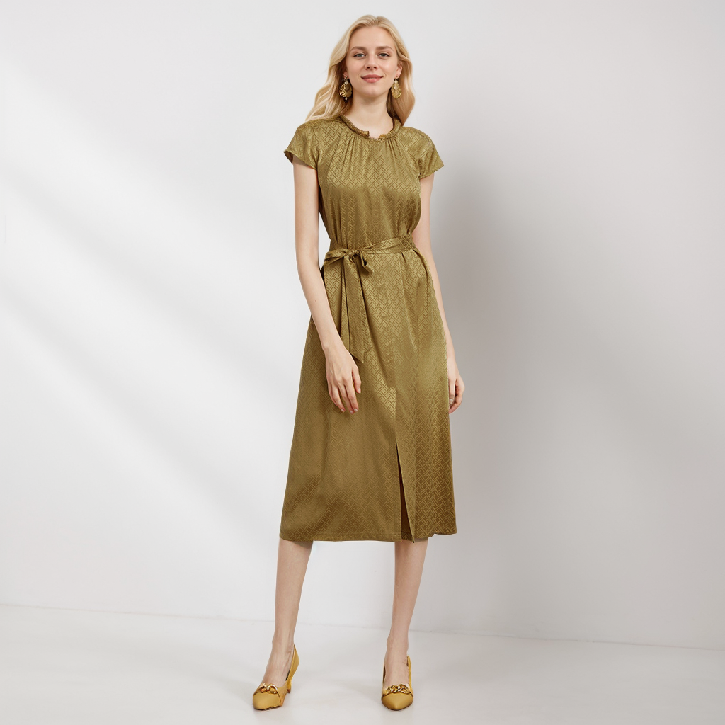 Elegant Brown-Green Silk Dress with Subtle Check Print for Tea Party REAL SILK LIFE