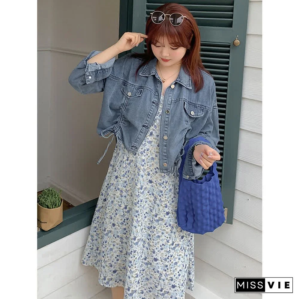 Plus Size Drawstring Denim Jacket Floral Print Slip Dress