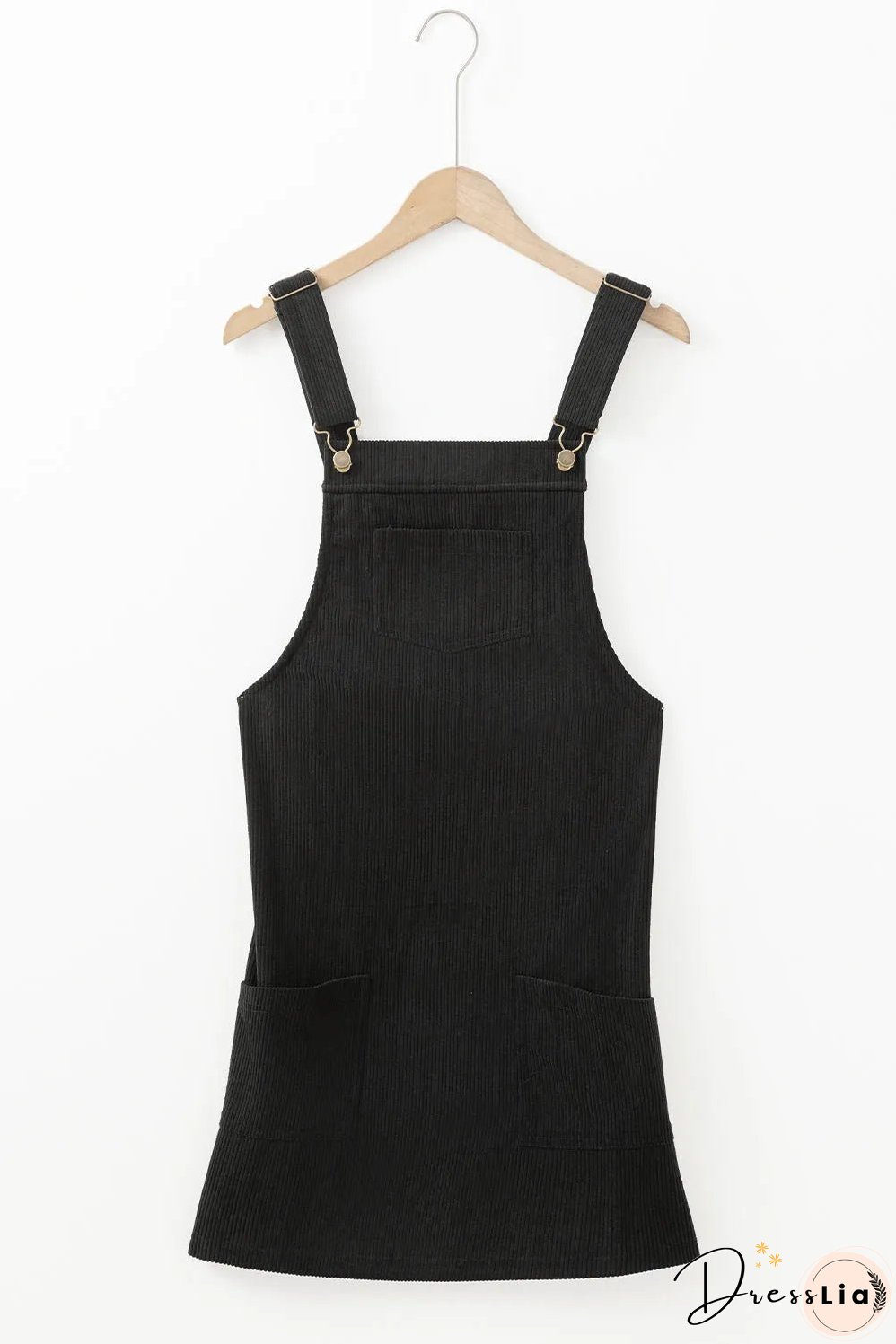 Black Solid Front Pockets Sleeveless Corduroy Overall Dress