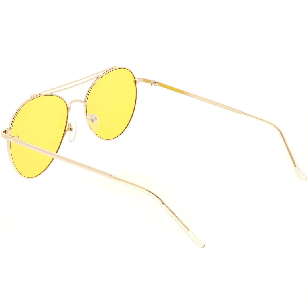 Premium Aviator glasses Double Crossbar Slim Metal Arms Round Flat Lens 55mm