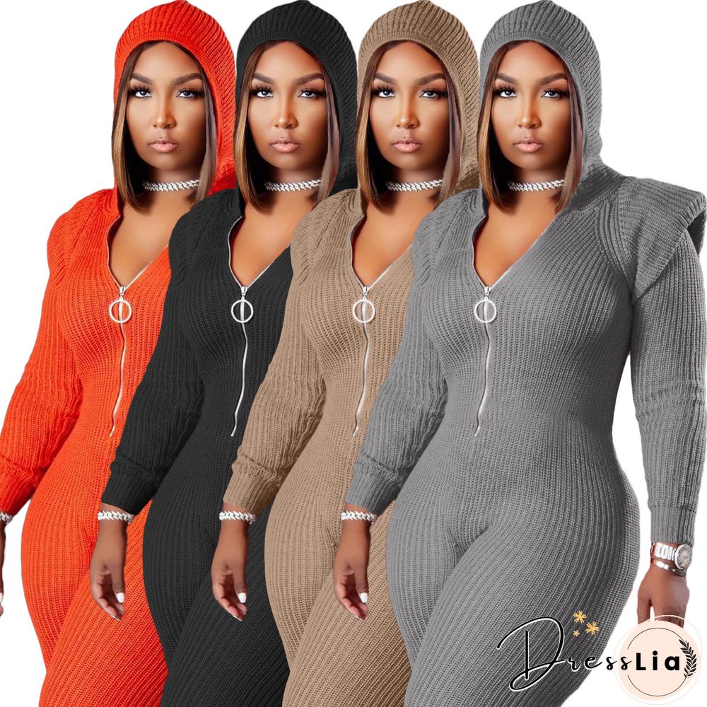 Knitted Long Sleeve Shoulder Padded Hooded Jumpsuit