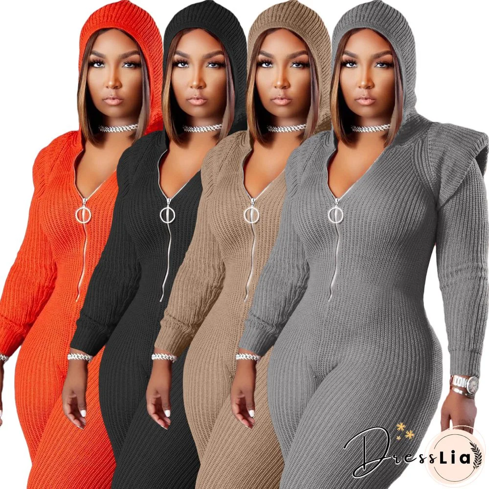 Knitted Long Sleeve Shoulder Padded Hooded Jumpsuit