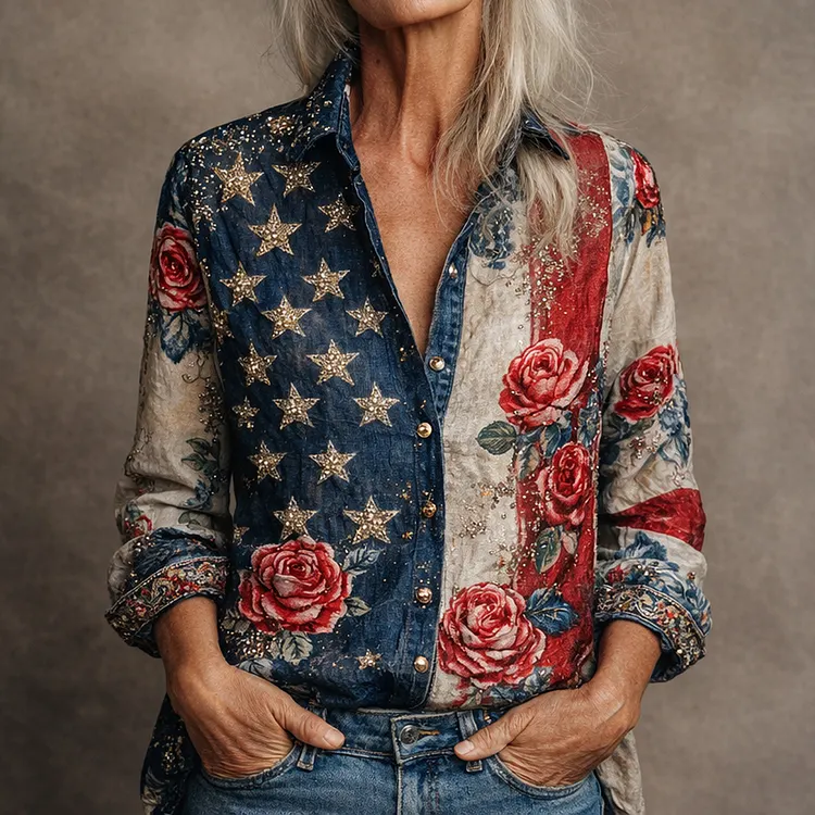 U.S. 250th Anniversary Flowers Boho Art Print Casual Shirt