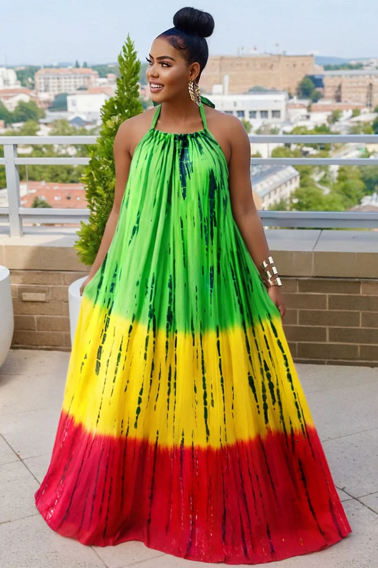 Halter Colorblock Print Loose-Fit Vacay Maxi Dresses-Multicolor [Pre Order]