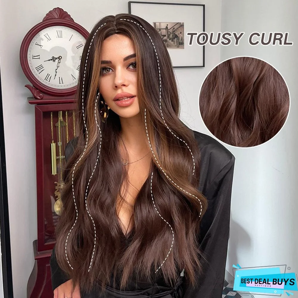 Long Wavy Synthetic Wigs Ombre Brown Middle Part For Women