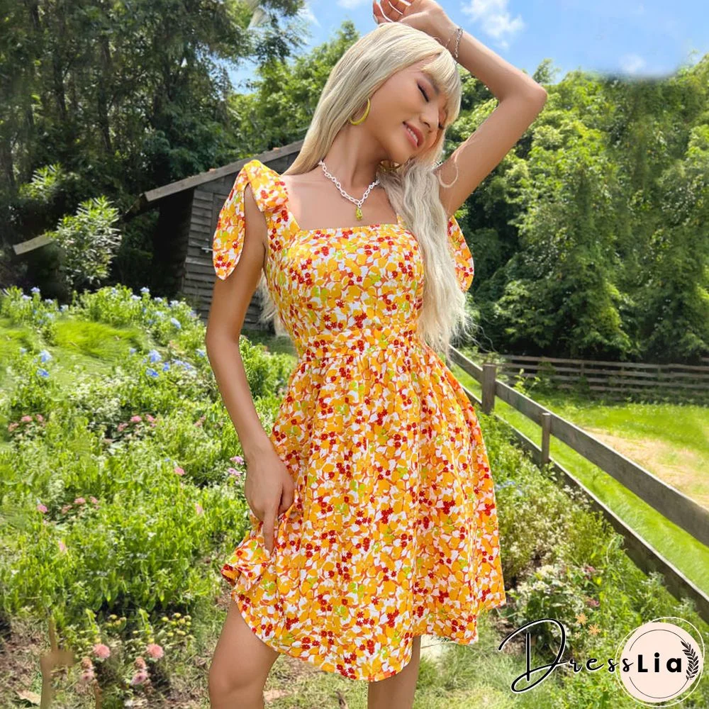 Elegant Floral Print Dress For Summer Dresses New Sexy Backless Lace-up Square Neck High Waist A-line Mini Dresses