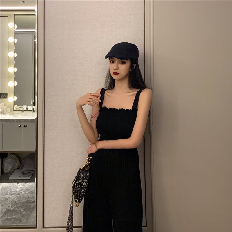 Budgetg women 2022 Female Bodysuit Elegant summer casual outfits black Sexy wide leg pants fashion overall one piece korea