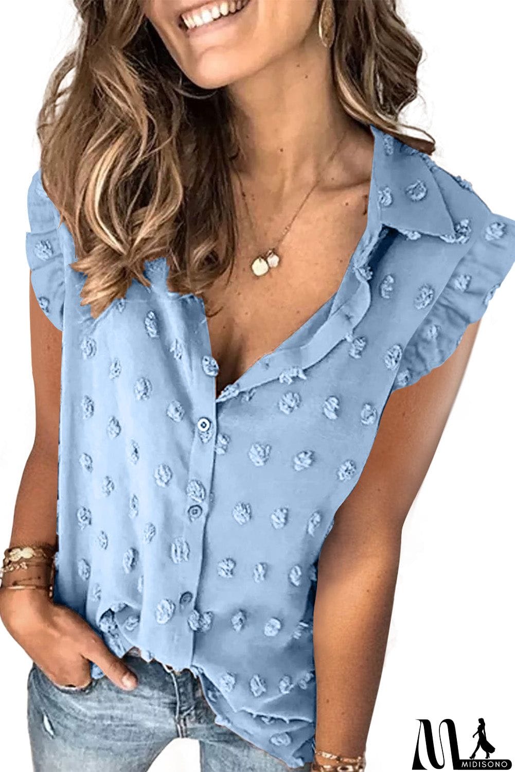 MidiSono - Turn-down Collar Ruffle Polka Dot Tank