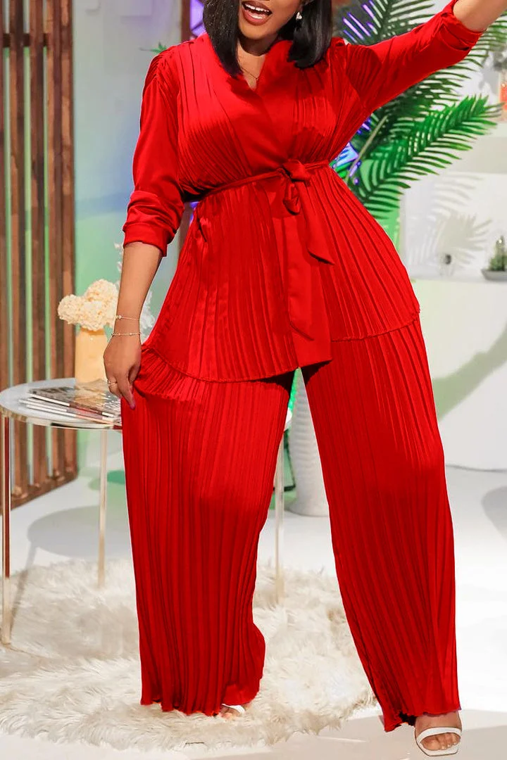 Solid Color Long Sleeve Tie Two Piece Set