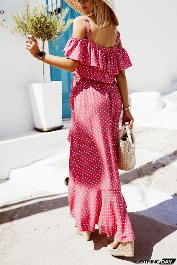 Dot Ruffles Off Shoulder Irregularity Maxi Dress