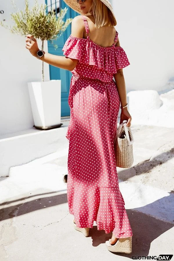 Dot Ruffles Off Shoulder Irregularity Maxi Dress