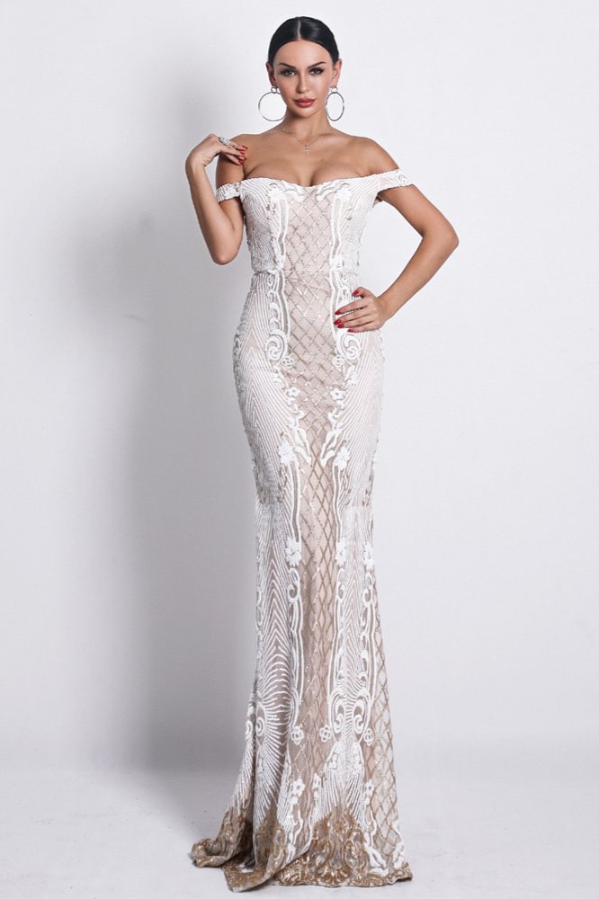 off-the-shoulder lace mermaid long prom dress