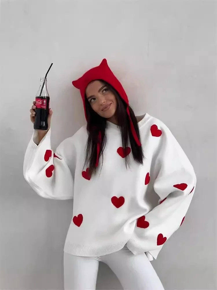 Uveng Uveng And Winter Long-Sleeved Love Sweater Female 2024 Burst Embroidered Loose Knitted Shirt