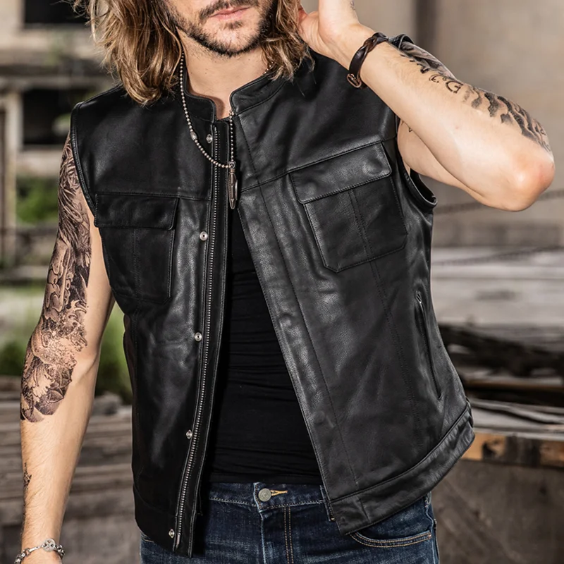 Retro Harley Motorcycle Black Stand-Up Collar Zipper Vest