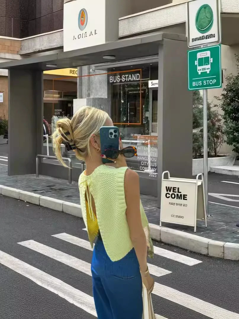 Churchf Churchf Women's 2024 New Yellow Round Collar Exposed Back Strap Round Collar Woven Vest