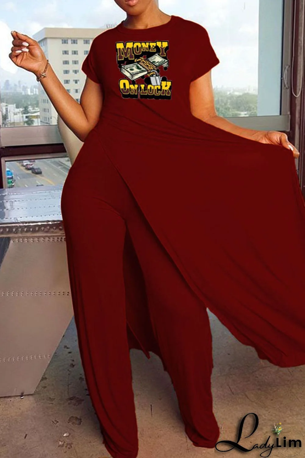 Black Casual Print Patchwork Slit O Neck Short Sleeve Two Pieces