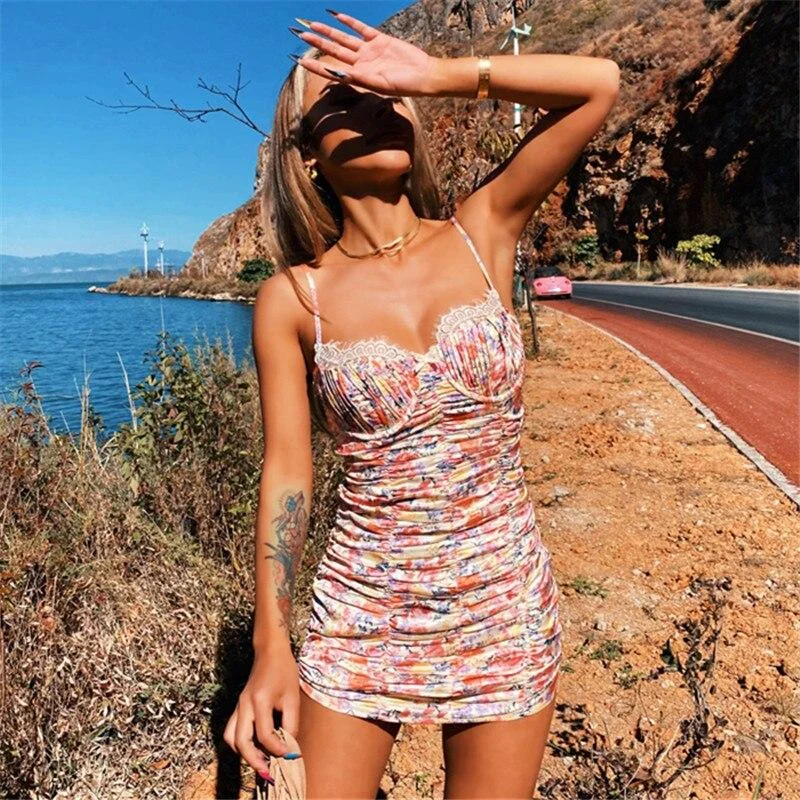 BOHO INSPIRED Vintage blace  women dress straps ruched bodice Mini summer dress lace trim  bodycon party dress new 2023