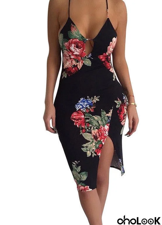 Fashion Floral Print Sleeveless Halter Bodycon Dress