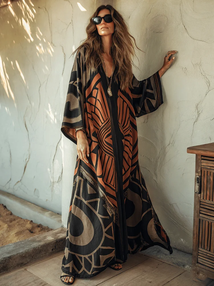 Linen Abstract Vintage Print Kaftan Maxi Dress
