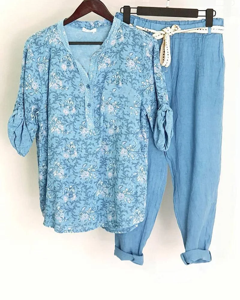 Women's Floral Print V-neck Casual Two-piece Set