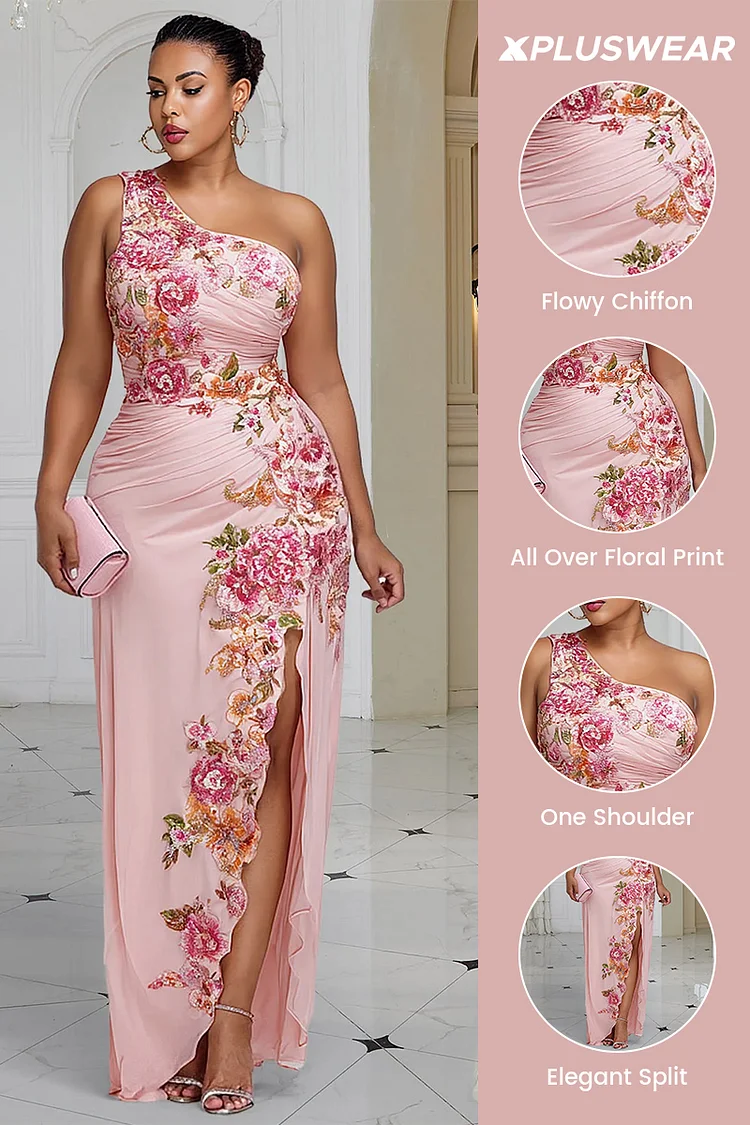 Xpluswear Design Plus Size Wedding Guest Pink Floral One Shoulder Split Elegant Chiffon Maxi Dresses [Pre-Order]