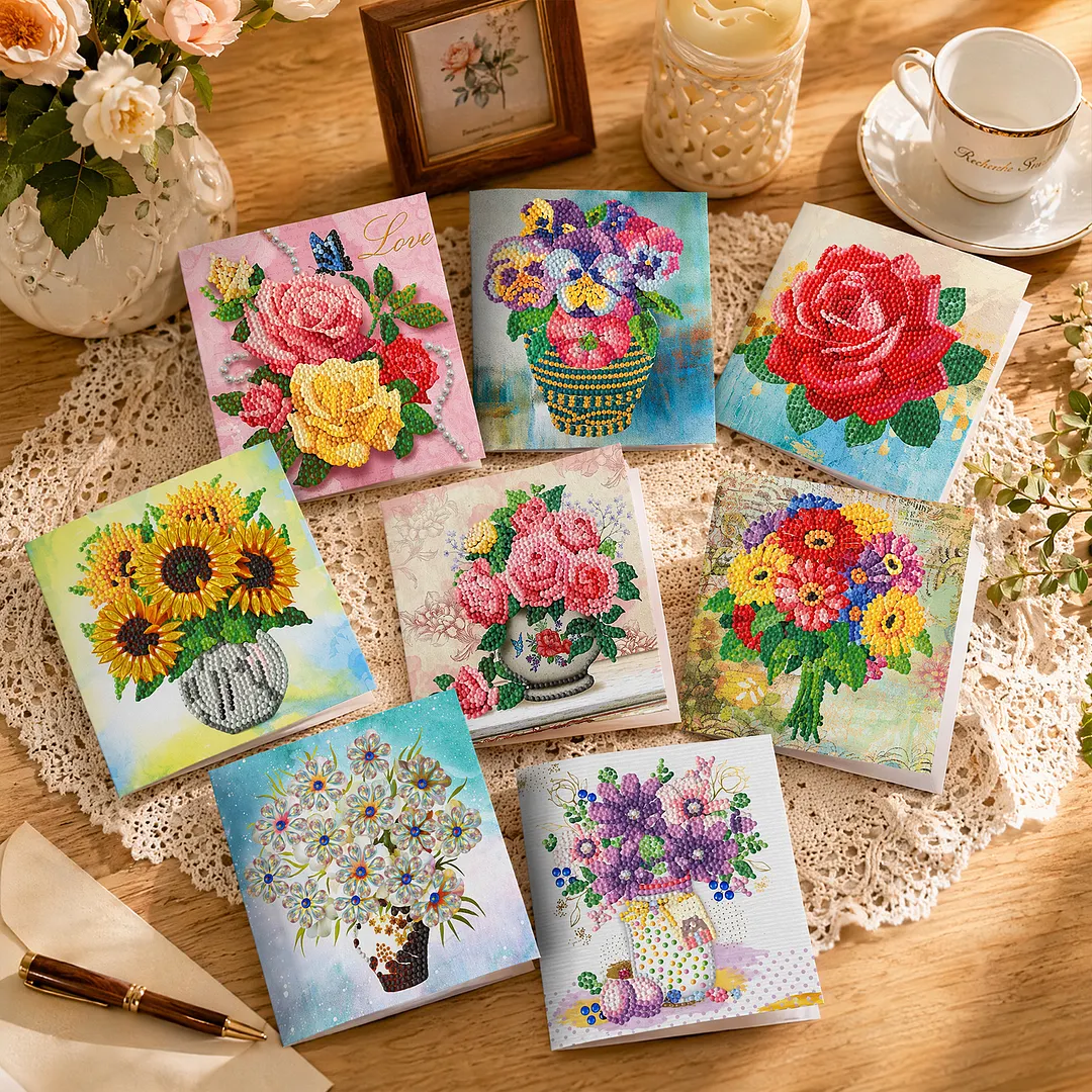 8PCS Vase DIY Diamond Painting Greeting Card Kits with Envelopes Diamond Art Greeting Cards Diamond Art Cards Kits for Adults DIY Crafts Family Friend Gifts
