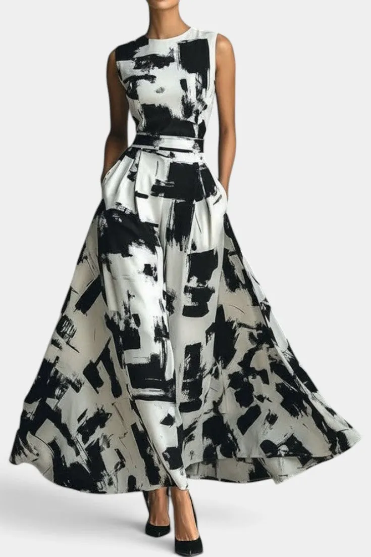 Abstract Print Belted Maxi Dress with Structured Waist