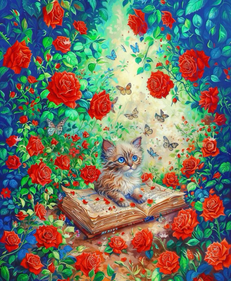 Full Round Diamond Painting-Flower Book And Cat Illustration Animal 40*50cm