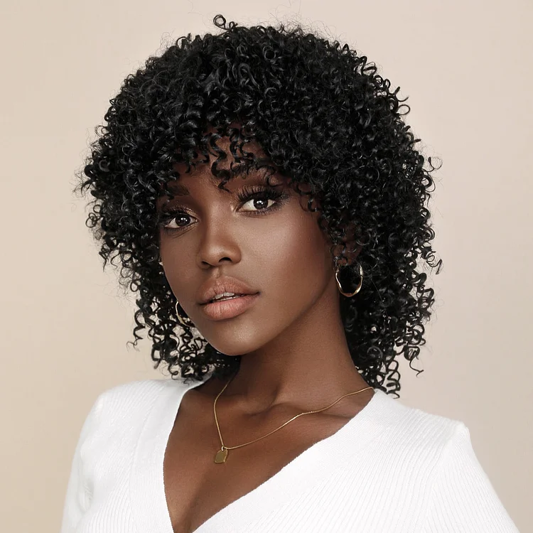 16"Short Curly Afro Wigs for Black Women, Soft & Natural Glueless Synthetic Wig with Bangs
