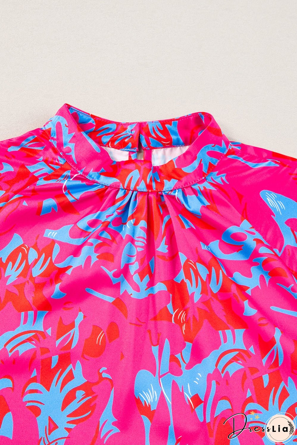 Purple Printed Bubble Sleeve Mock Neck Blouse