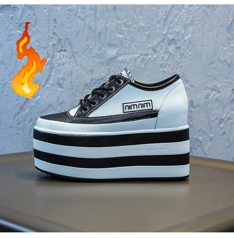 Fujin 12cm Genuine Leather Women Shoes Platform Wedge Sneakers Chunky Hidden Heel High Women Casual Shoes Spring Summer Loafers