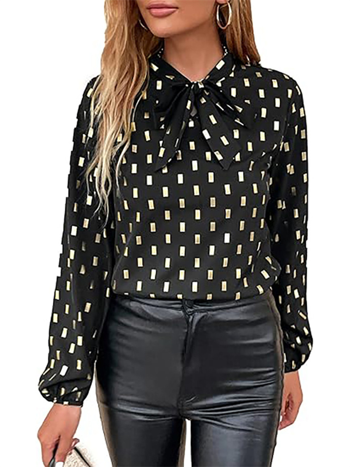 Spring and Autumn Women's Hot Gold Bow Collar Long Sleeve Geometric Pattern Lapel Shirt Top