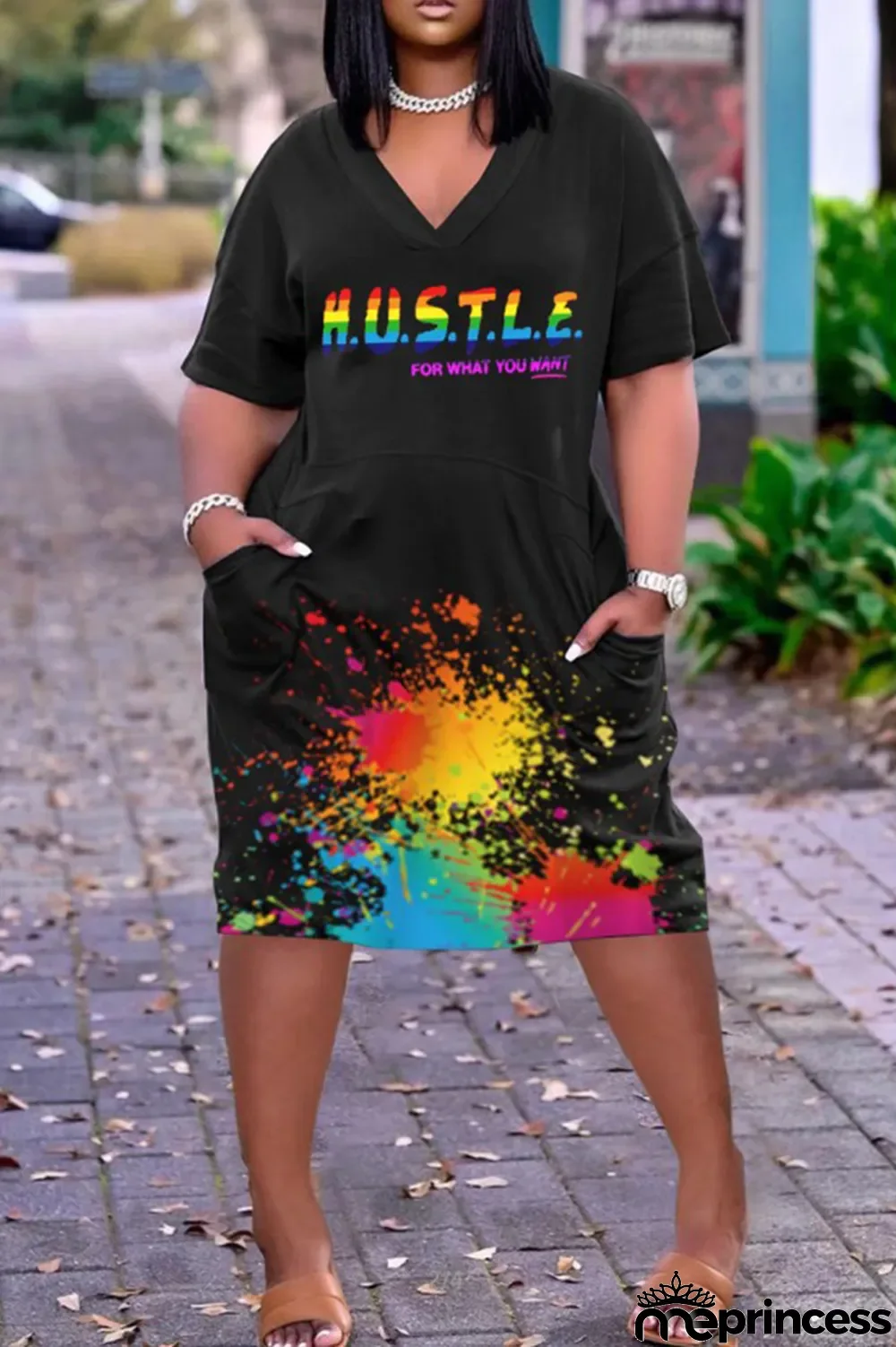 Black Gold Fashion Casual Print Basic V Neck Short Sleeve Dress